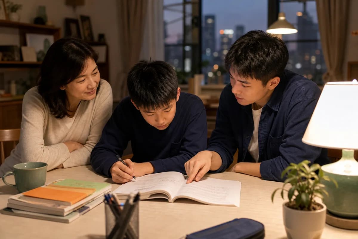 家长与孩子一起交流学习问题的场景示意